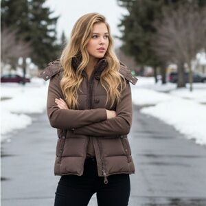 Joie Small Brown Quilted Padded Puffer Vest w Removable Hood & Snap Pockets